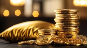 A breathtaking and stunning display of glimmering gold tokens along with neatly stacked coins reflects immense wealth and unparalleled luxury in a beautifully sophisticated and captivating setting photo