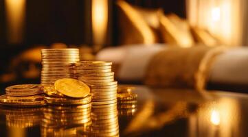 An enchanting image showcases gold tokens and coins arranged against an elegant backdrop, symbolizing immense wealth and opulence in a stylish manner, inviting admiration and wonder photo