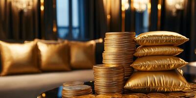 This captivating image showcases gleaming golden tokens stacked beside plush cushions, highlighting themes of wealth and luxury in an exquisite interior, evoking a remarkable sense of indulgence photo