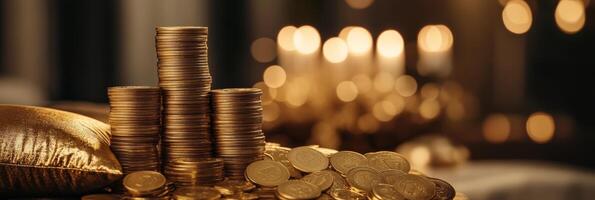 A mesmerizing and captivating display of luxurious golden currency tokens and shiny coins, which reflect wealth and opulence, elegantly arranged against a softly illuminated and tranquil background photo