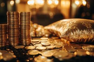 An opulent display of shimmering gold coins and exquisite tokens symbolizes immense wealth and luxury, set against a warm, illuminated backdrop that enhances their beauty and allure photo