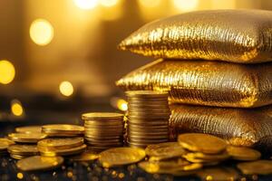 A captivating display of shimmering gold coins with plush pillows symbolizes wealth and prosperity, serving as a centerpiece for discussions on currency, treasure, and financial growth photo