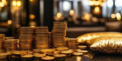 An extravagant display of gleaming gold tokens and shimmering coins against luxurious decor showcases immense wealth and sophistication, captivating all who gaze upon it with admiration photo
