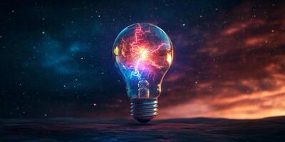 This is a stunning digital representation showcasing a light bulb that is filled with vibrant cosmic energy, symbolizing not just technological innovation but also the boundless nature of creativity photo