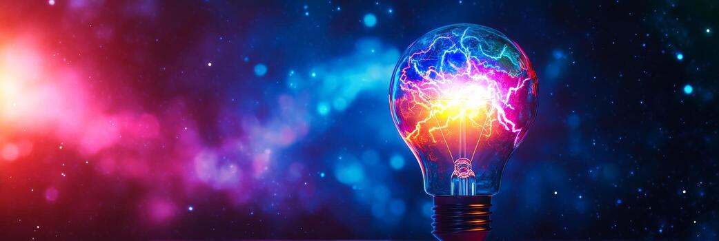 A bright and vibrant digital representation of a light bulb symbolizing both innovation and creativity within the realm of technology, encircled by an array of colorful and dynamic cosmic elements photo