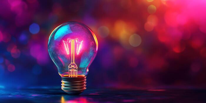 A vibrant digital light bulb brightly illuminated against a beautifully colorful bokeh background, symbolizing innovation and energy efficiency in modern technology and design, captivating the viewer photo