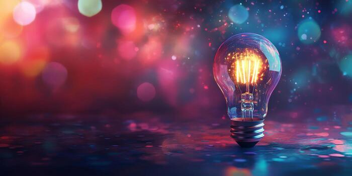 This captivating digital image showcases an illuminated light bulb against a vibrant bokeh background, symbolizing the innovation and creativity in todays dynamic technology field photo