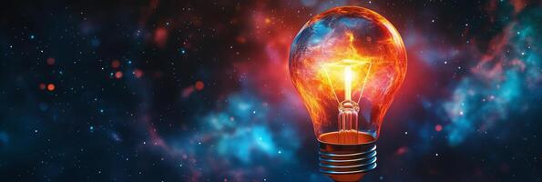 un brillante digital ligero bulbo brilla en contra un cósmico fondo de estrellas y galaxias, simbolizando el Unión de creatividad y tecnología, fusionando Arte con Ciencias y encarnando innovación foto