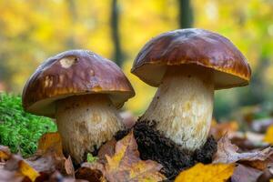 In a stunning forest setting, exquisite mushrooms are surrounded by a vibrant array of autumn leaves photo