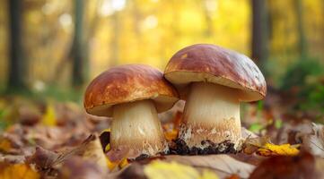 In a peaceful and serene forest setting, two vibrant boletus mushrooms are nestled among colorful autumn leaves photo