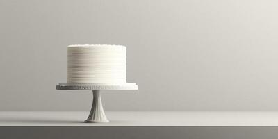 A beautifully simple and elegantly designed white birthday cake is showcased on a classic cake stand, perfectly highlighting its minimalistic design, sophistication, and tasteful elegance photo