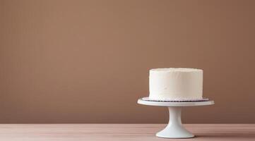 A beautifully crafted white birthday cake on a stylish stand against a warm backdrop enhances its charm, making it a perfect centerpiece for any celebration, radiating happiness and delight photo