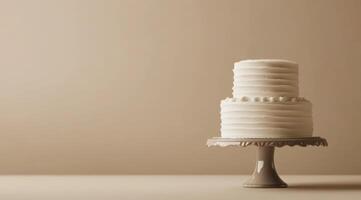 A stunning and beautifully designed minimalistic white birthday cake is elegantly presented on a stylish cake stand, making it a perfect choice for any special celebration or memorable event photo