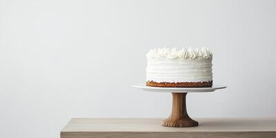 An elegantly crafted white birthday cake on a rustic wooden stand serves as a perfect centerpiece, uplifting the atmosphere and creating lasting memories beautifully captured in photographs photo