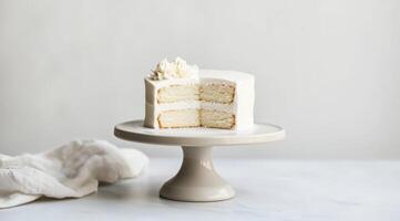 A minimalistic white birthday cake is elegantly displayed on a decorative stand, showcasing its rich frosting layers, making it the perfect centerpiece for any memorable celebration photo