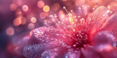 A closeup of a vibrant flower with dew drops, set against a dreamy bokeh background creating an ethereal scene photo