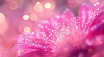 A stunning closeup view of a vibrant pink flower adorned with sparkling dew drops, showcasing a dreamy bokeh effect photo