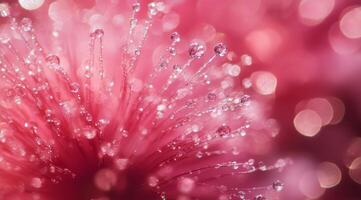 A detailed closeup shows a pink flower with glistening droplets set against a dreamy bokeh background photo