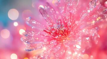 A closeup photo of a pink flower, highlighting its intricate details with vibrant bokeh effects to enhance its appeal