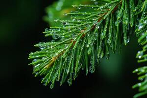 This image showcases a closeup of a pine branch with glistening dew drops, highlighting the lush green foliage and conveying a deep sense of tranquility in a serene, untouched natural setting photo