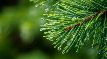 A closeup view of a beautiful pine branch that is covered in tiny, delicate dew drops, elegantly showcasing vibrant green needles that glisten and sparkle in the warm embrace of natural light photo