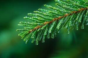 A stunning and detailed closeup view of a vibrant pine branch, adorned with numerous glistening dew drops, which perfectly showcases the incredible beauty of nature and its splendor photo