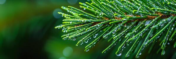 A breathtaking closeup view of a pine branch enhanced with glistening dew drops, beautifully showcasing the magnificence of nature in various vibrant and lush green hues all around photo