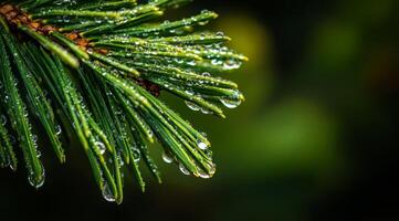 A breathtaking closeup capture of a pine branch adorned with glistening dew drops, exquisitely showcasing the magnificent beauty of nature in vibrant detail for all to admire and appreciate photo