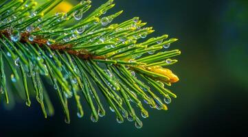 This captivating image features a detailed pine branch with glistening dewdrops that enhance its vibrant green needles and showcase the beauty of the surrounding natural environment photo