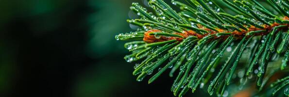 A stunningly detailed closeup of a delicate pine branch, adorned with shimmering dew drops, which beautifully showcases the magnificence of nature in its most pure and untainted form photo