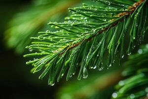 A detailed and captivating view of a pine branch beautifully adorned with fresh dew drops, perfectly highlighting the stunning beauty of nature and the vibrant greens of the lush, surrounding foliage photo