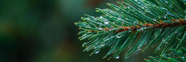 This stunning closeup photograph features a pine branch with glistening dew drops, beautifully capturing natures essence and tranquility, offering a moment of peaceful reflection photo