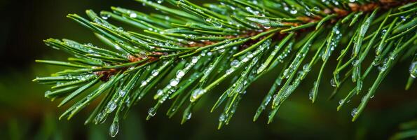 This enchanting image features a closeup of a pine branch adorned with glistening dew drops against a softly blurred background, enhancing its charm and making it truly mesmerizing photo