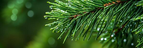 This stunning closeup image beautifully features a pine branch adorned with glimmering dew droplets, showcasing the exquisite and intricate beauty of natures diverse and captivating details photo