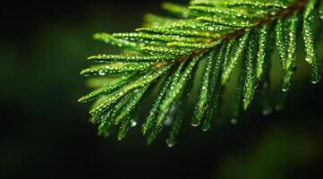 A beautifully detailed closeup of a pine branch, adorned with sparkling dew drops that glisten in the sunlight, showcasing the vibrant, lush greenery and the intricate structure of its needles photo
