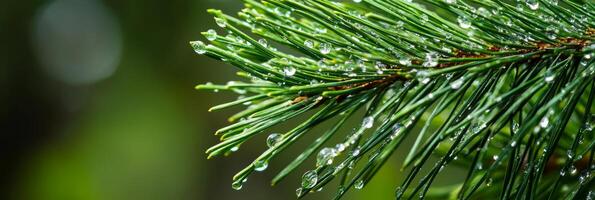This closeup image showcases a lush pine branch with glistening dew drops, highlighting natures beauty in rich detail that captivates viewers and invites them to appreciate the environment photo