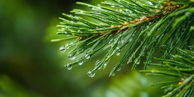 A breathtaking closeup view of a lush pine branch elegantly adorned with glistening dew drops, beautifully showcasing the incredible splendor of nature and its serene environment photo
