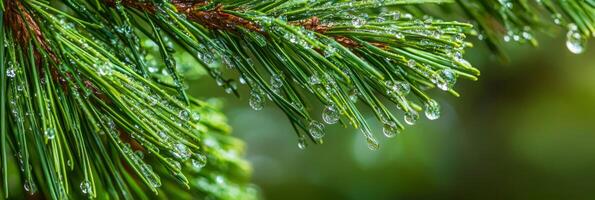 This closeup photo of a pine branch with dew drops showcases natures intricate details against a serene green backdrop, highlighting its captivating beauty in a refreshing, tranquil setting