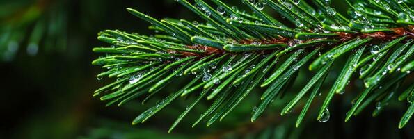 This stunning artwork beautifully captures a closeup view of a lush green pine branch adorned with glistening dew drops, showcasing the vibrant green needles in a serene and tranquil natural setting photo