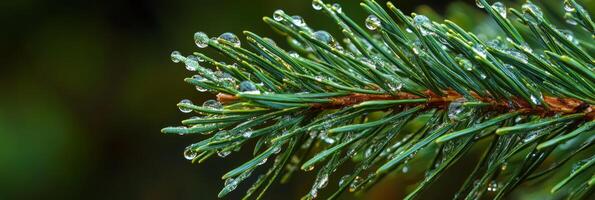 A beautifully detailed closeup image of a delicate pine branch that is adorned with glistening dew drops, showcasing the stunning natural beauty found within the diverse woodland flora and fauna photo