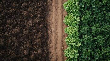 An aerial view shows a lush green crop field next to freshly plowed dark soil, highlighting effective agricultural practices and sustainable land use, crucial for farming success and ecosystem health photo