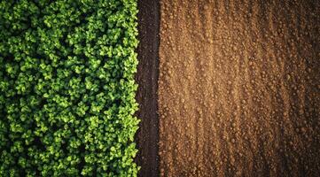 This captivating aerial view beautifully showcases the stunning contrast of lush green crops situated right next to freshly plowed earth, highlighting the incredible beauty of agriculture and nature photo