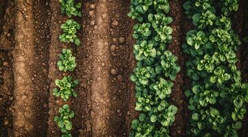 This aerial image highlights vibrant green crop fields next to fresh plowed soil, showcasing key agricultural practices essential for sustainable farming and efficient food production photo