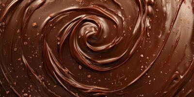 This is a closeup view that showcases a rich, smooth, and melted chocolate swirl, making it ideal for dessert decoration, cooking inspiration, or enhancing bakery themes and aesthetics photo