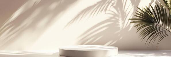 A chic beige pastel backdrop with soft tropical palm shadows and an elegant podium creates an inviting atmosphere ideal for captivating product displays and attentiongrabbing mockups photo