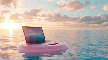 A laptop rests on a pink pool float, drifting in clear waters, symbolizing worklife balance, with a serene sunset in the backgroundideal for remote workers seeking inspiration and relaxation photo