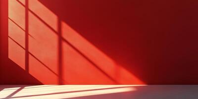 A vibrant red wall casting intriguing and complex shadows, thereby creating a dynamic and playful interplay of light photo