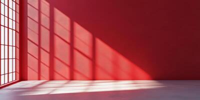 A bold red wall enhances the space, casting shadows that create a dynamic atmosphere in a minimalistic setting photo