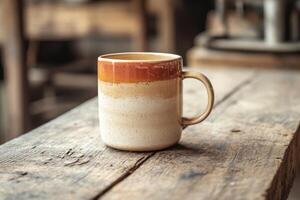 Explore this beautifully handcrafted ceramic coffee cup, showcasing warm earthy tones against a rustic wooden background. It adds charm to your beverage experience, enhancing every sip photo