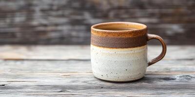 This is a beautifully crafted ceramic coffee cup, showcasing a range of earthy tones, and it rests elegantly on a rustic wooden surface, creating an inviting atmosphere perfect for any setting photo